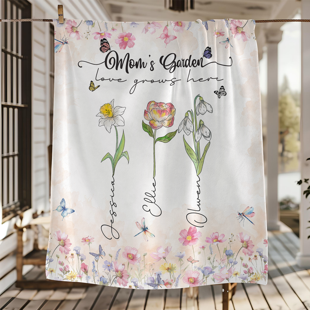 Personalized 'Love Grows Here' Family Garden Blanket with Names for Mom