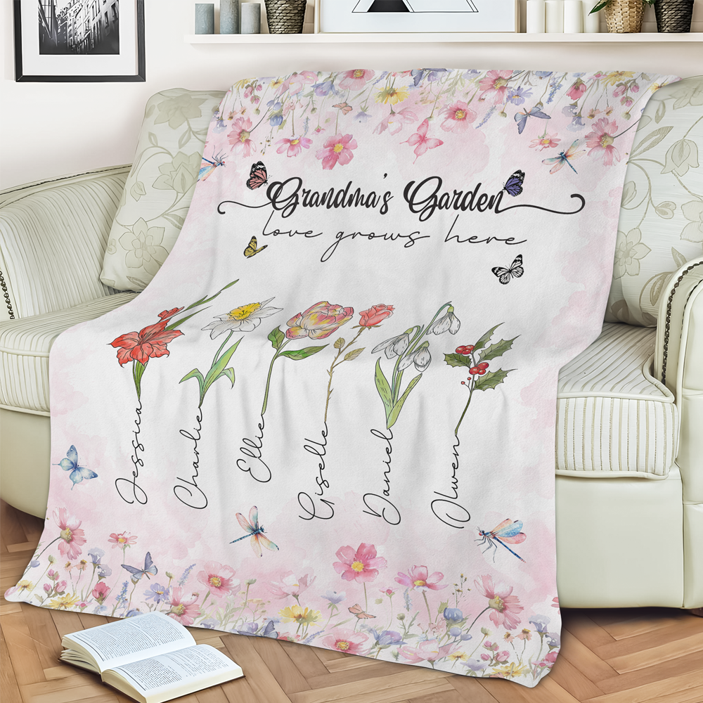Personalized 'Love Grows Here' Family Garden Blanket with Names for Mom