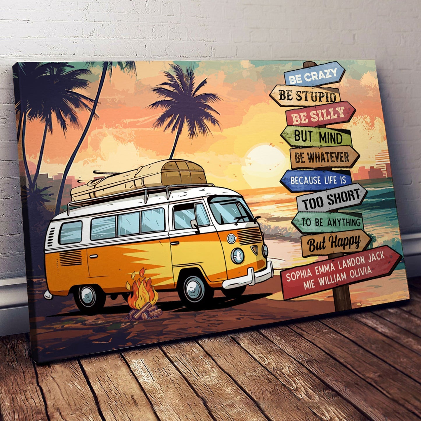 Personalized 'Life Is Too Short But Happy' Camper Van Wall Art for Family