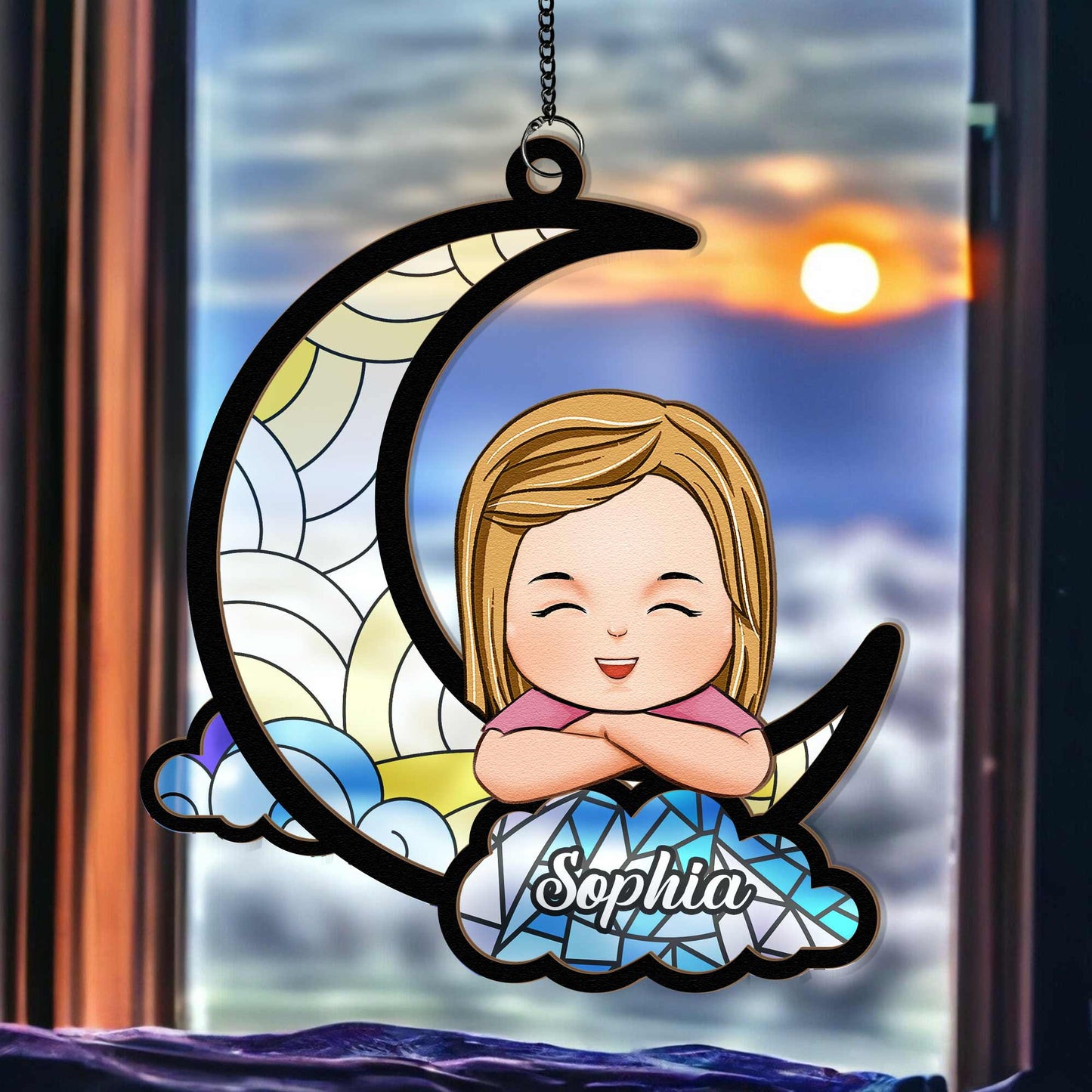 Personalized 'Little Kid On Moon' Suncatcher Ornament for Nursery