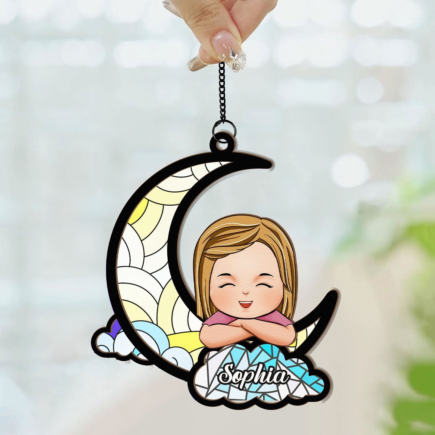 Personalized 'Little Kid On Moon' Suncatcher Ornament for Nursery