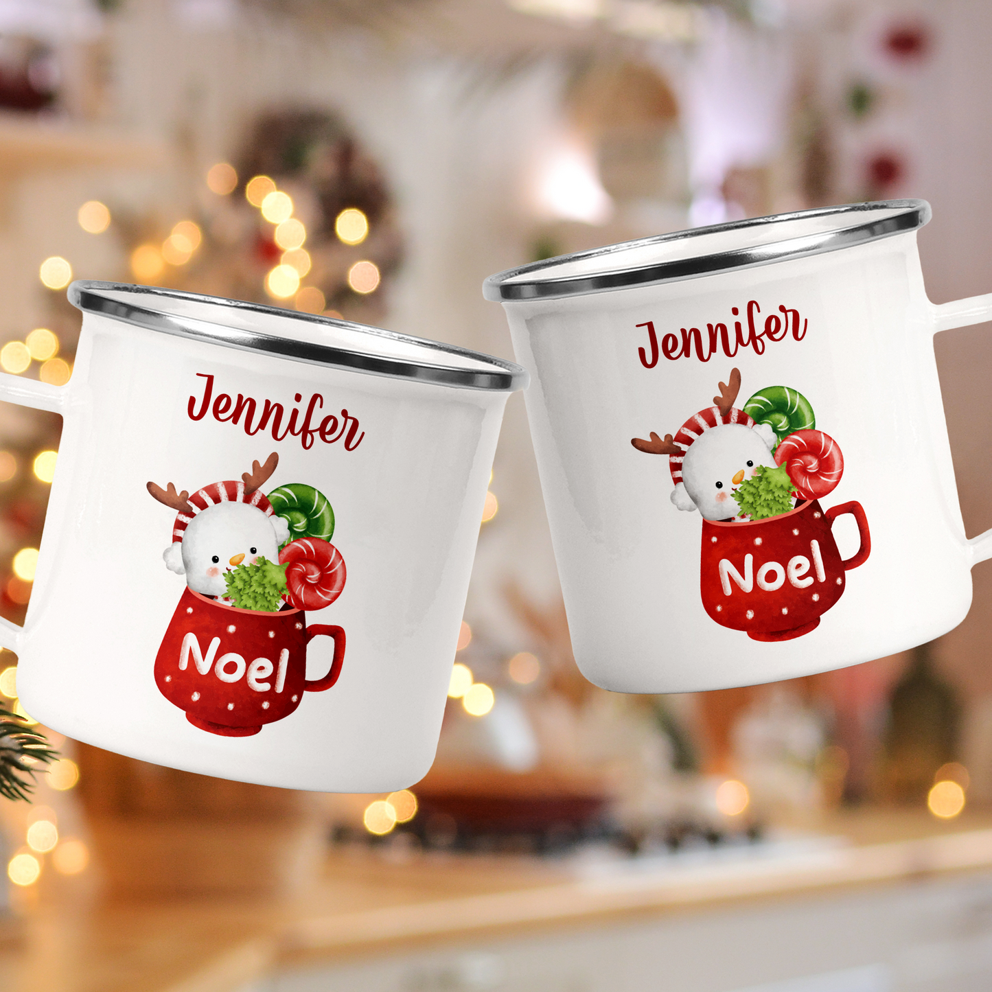 Custom Noel Enamel Mug: Personalized Snowman Christmas Gift for Kids