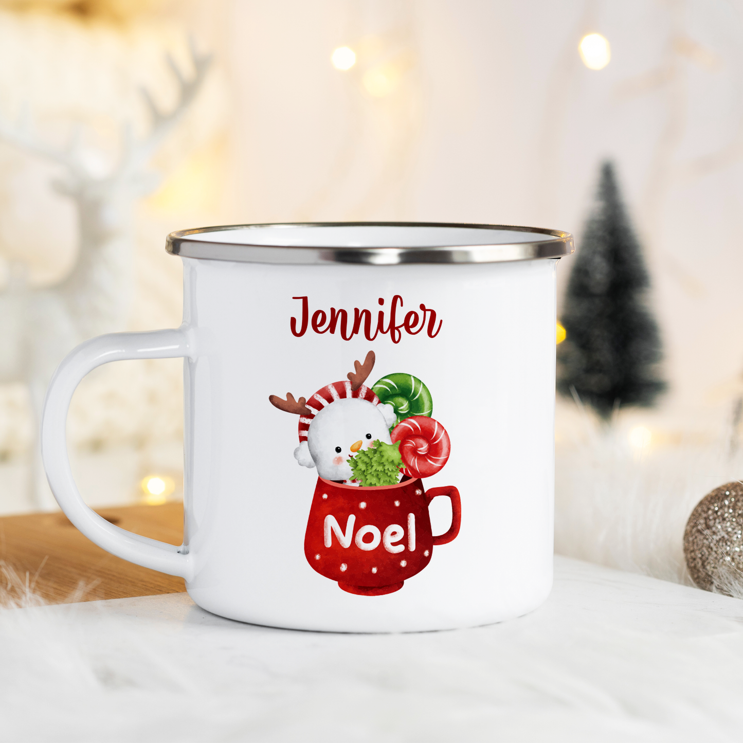 Custom Noel Enamel Mug: Personalized Snowman Christmas Gift for Kids