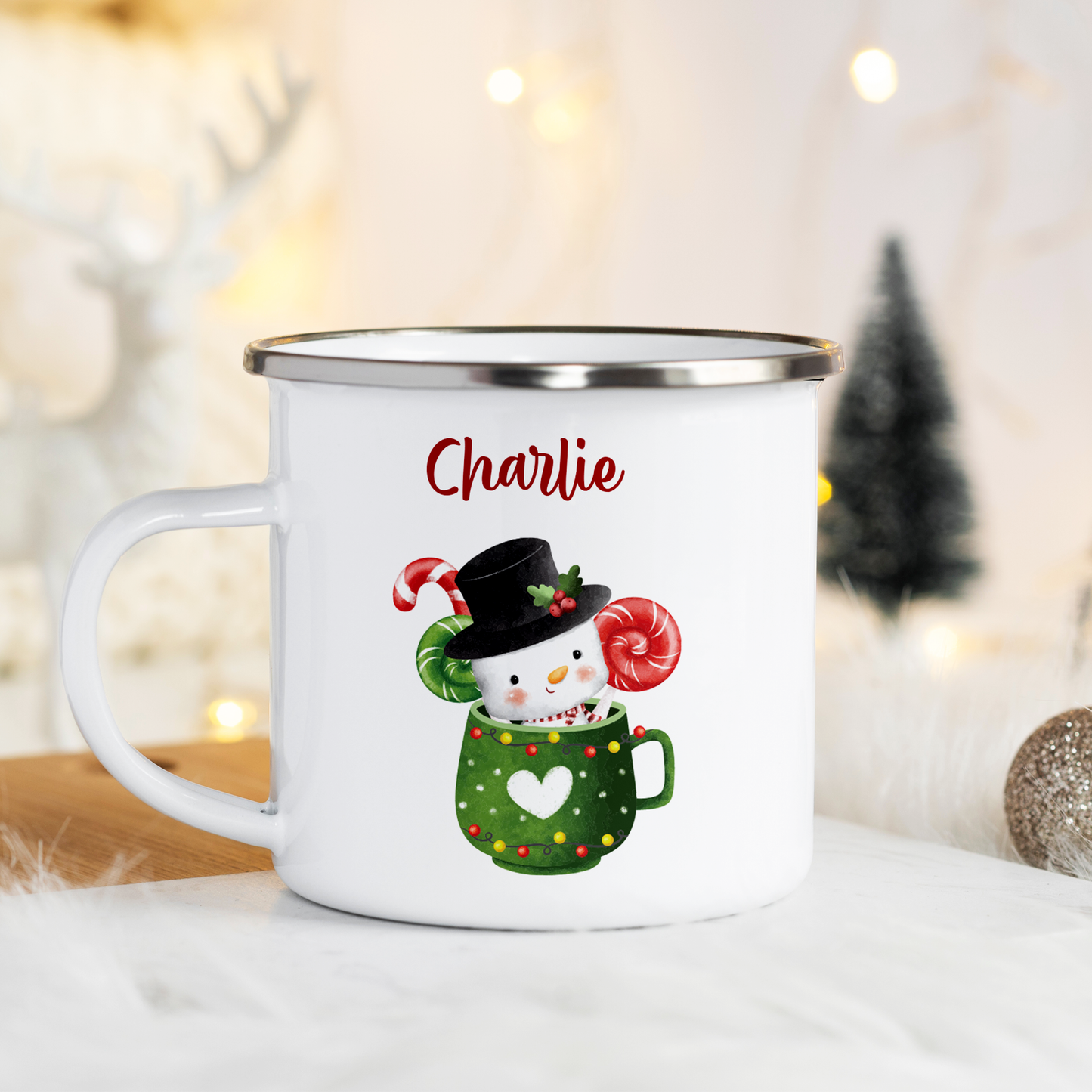 Custom Noel Enamel Mug: Personalized Snowman Christmas Gift for Kids