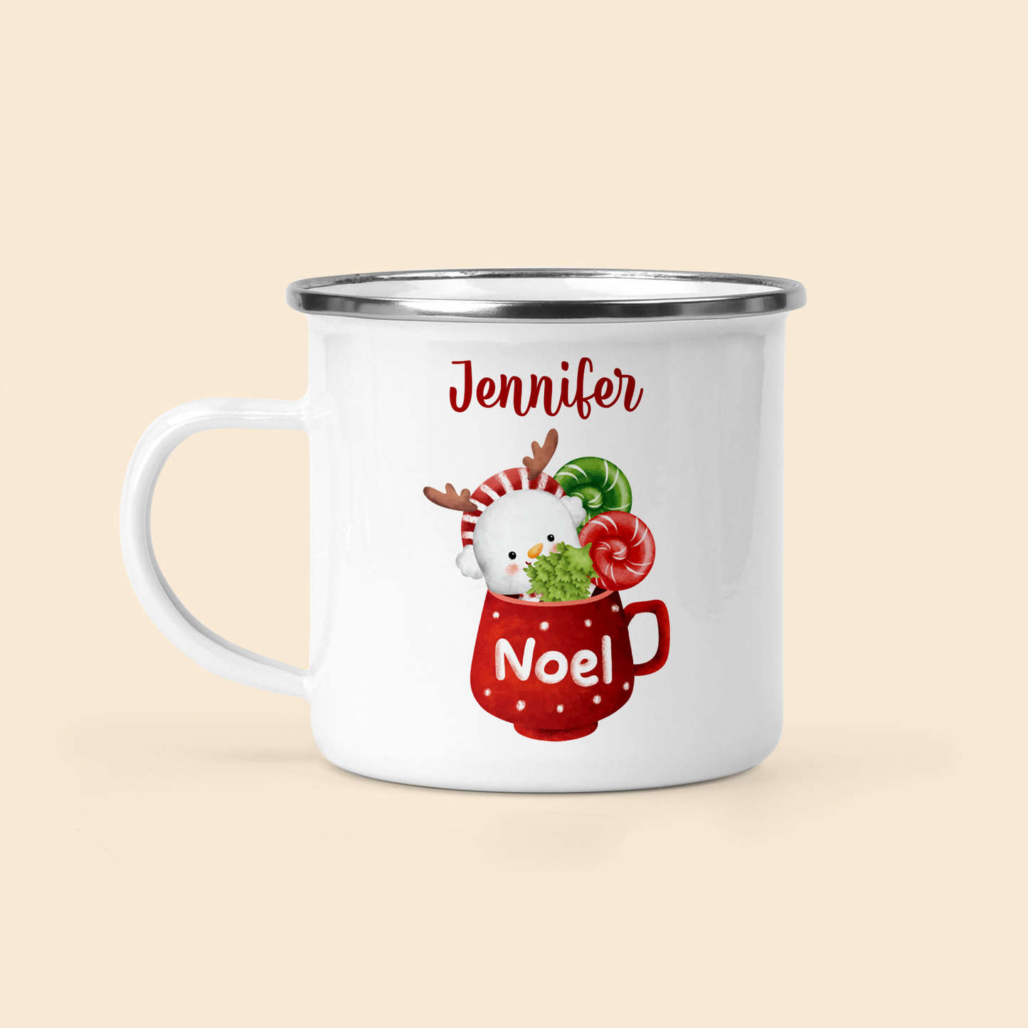 Custom Noel Enamel Mug: Personalized Snowman Christmas Gift for Kids