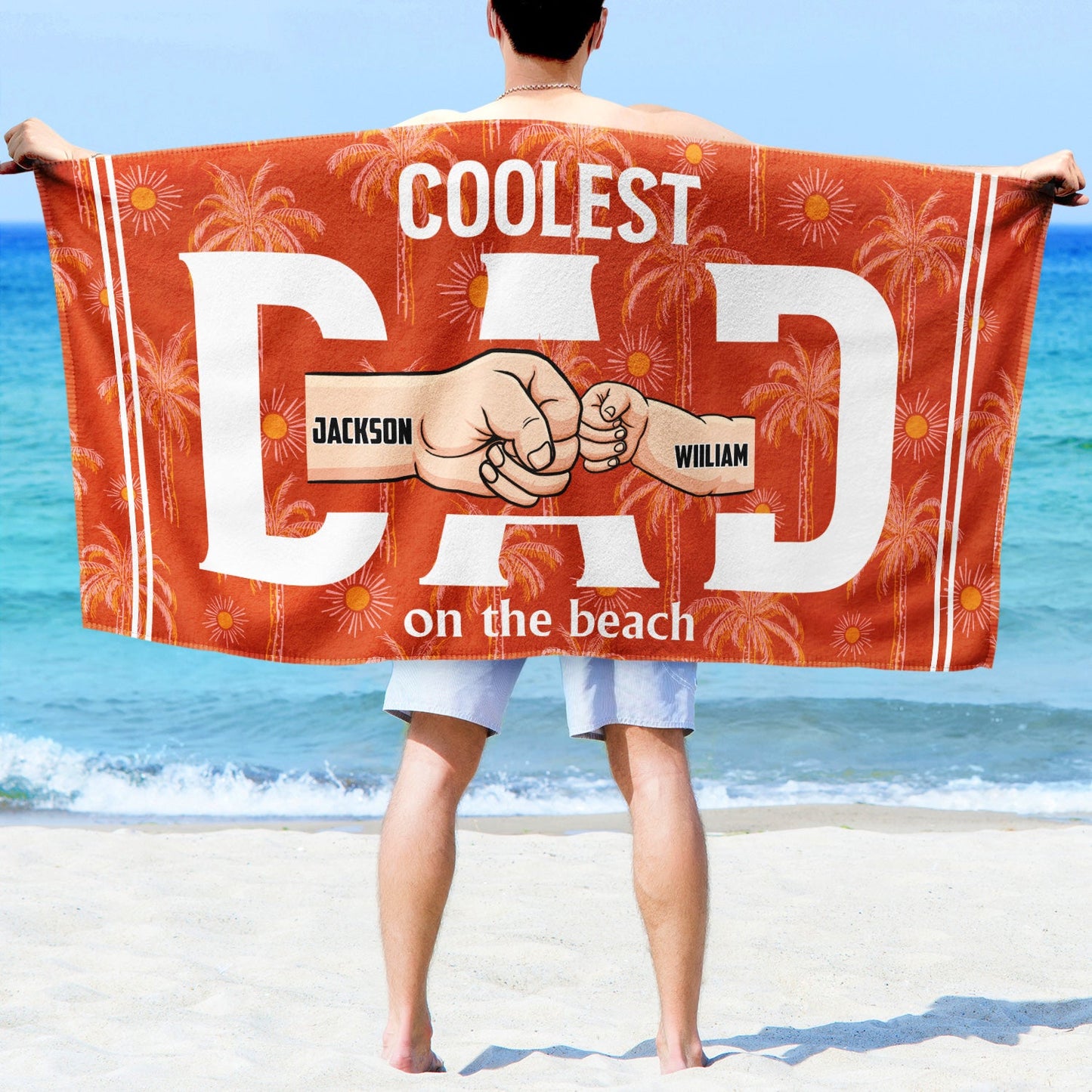 Personalized 'Coolest Dad On The Beach' Towel - Custom Fist Bump Gift for Father