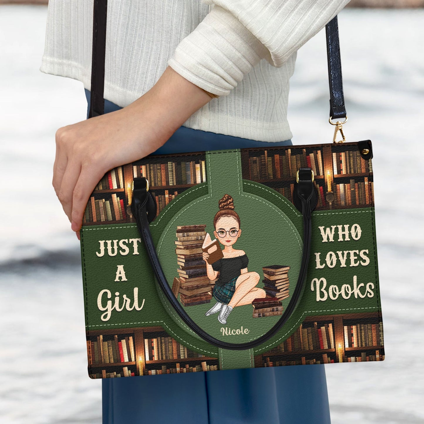 Personalized "Just A Girl Who Loves Books" Leather Tote Bag for Readers