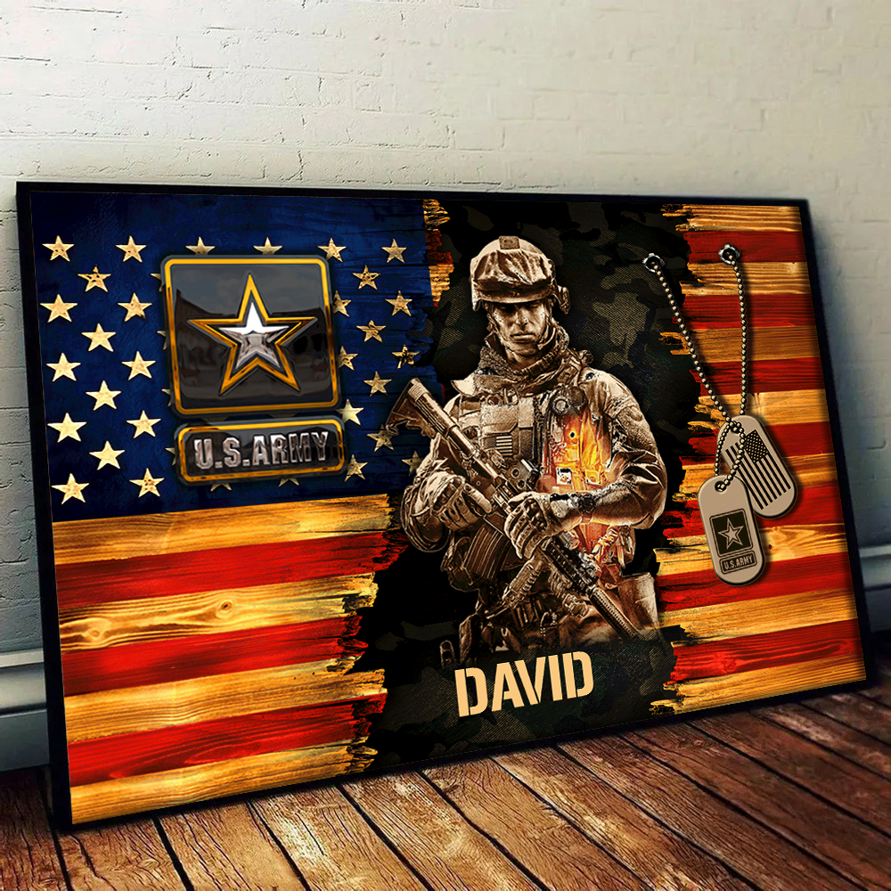 Personalized American Soldier Rustic Flag Canvas / Poster - A Gift of Honor for Dad, Grandpa & Veterans