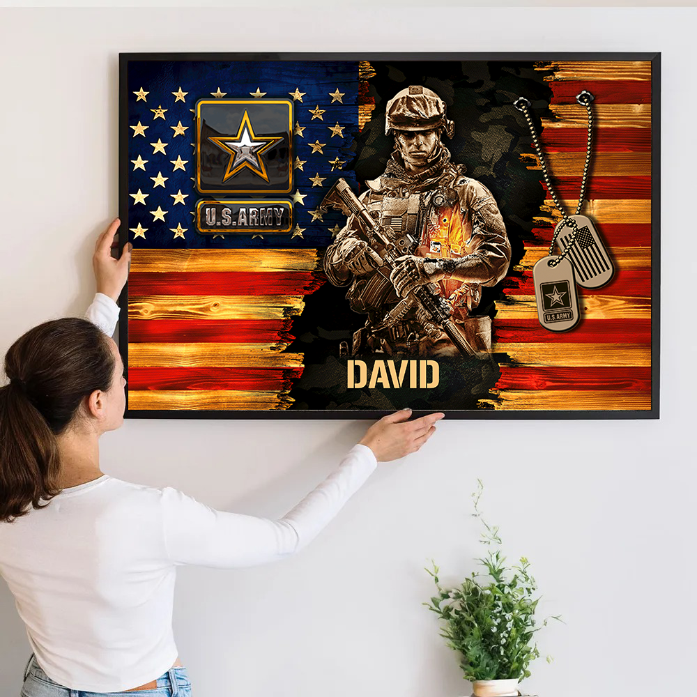 Personalized American Soldier Rustic Flag Canvas / Poster - A Gift of Honor for Dad, Grandpa & Veterans
