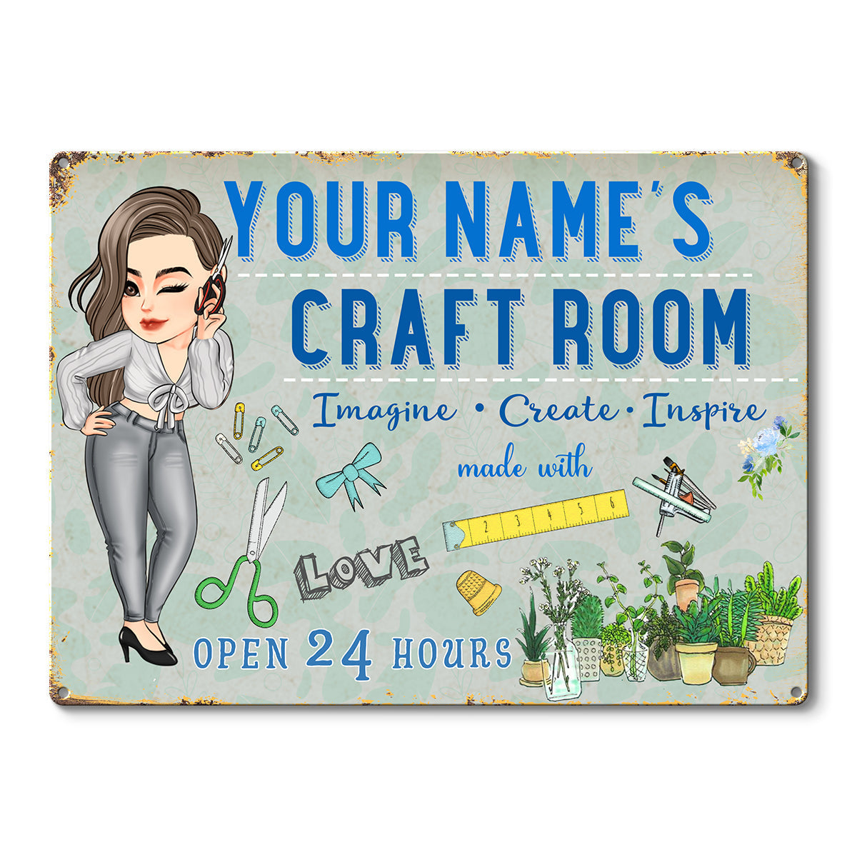 Personalized Craft Room Metal Sign - Imagine, Create, Inspire for Sewing Lovers