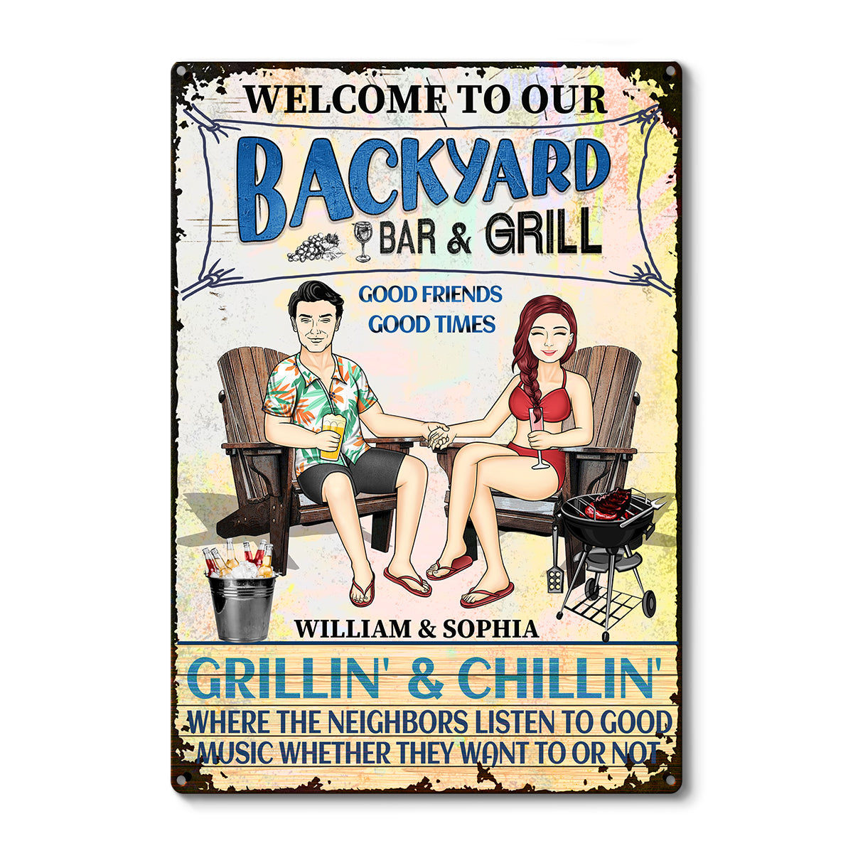 Personalized Couple's Backyard Bar & Grill Metal Sign - Grillin' & Chillin'