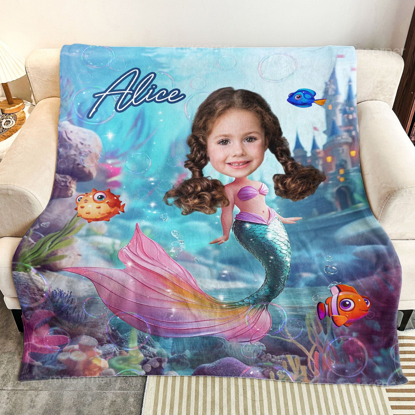 Mermaid Princess - Personalized Photo Blanket - Custom Name & Face