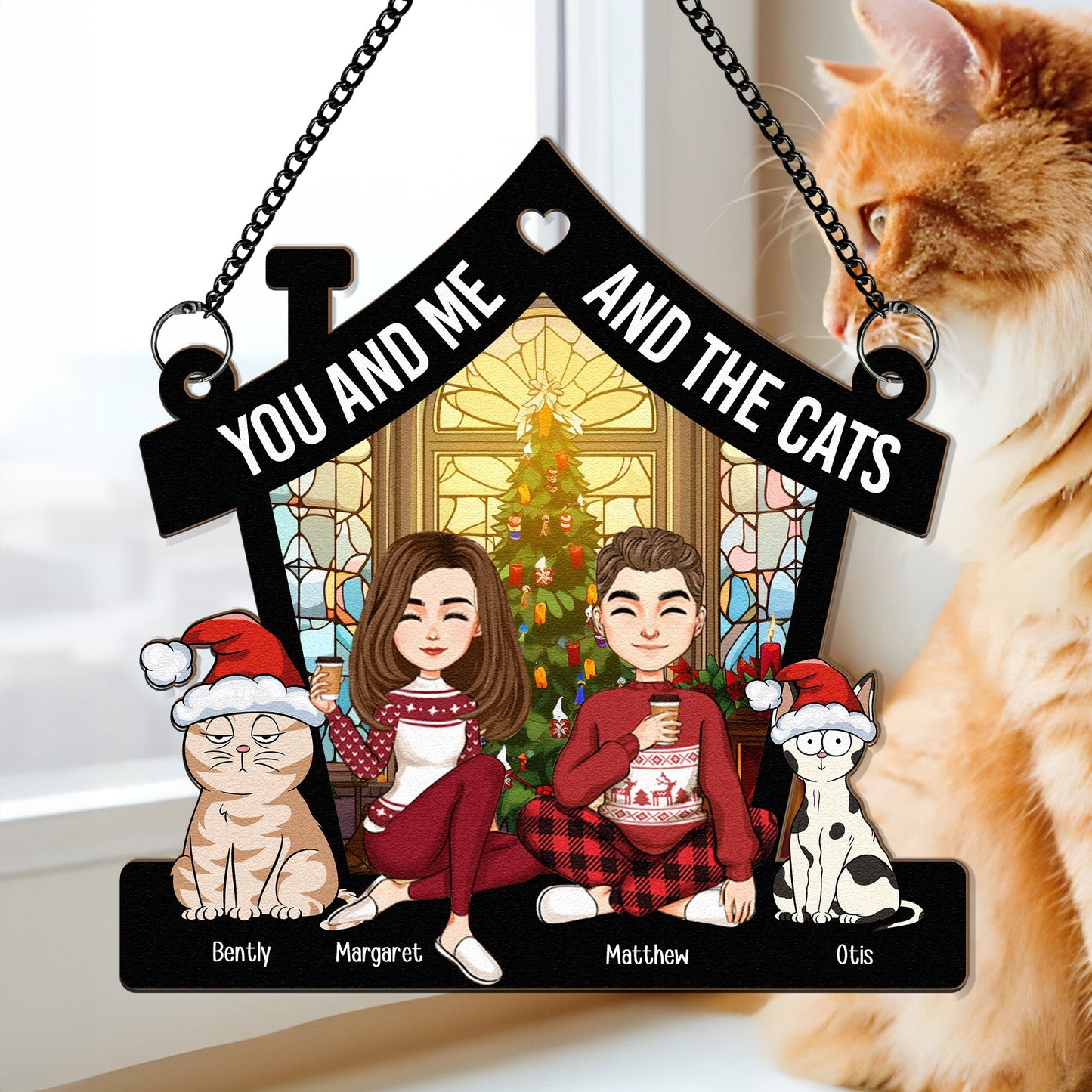 Custom "You and Me & The Dogs" Couple & Pet Christmas Suncatcher Ornament