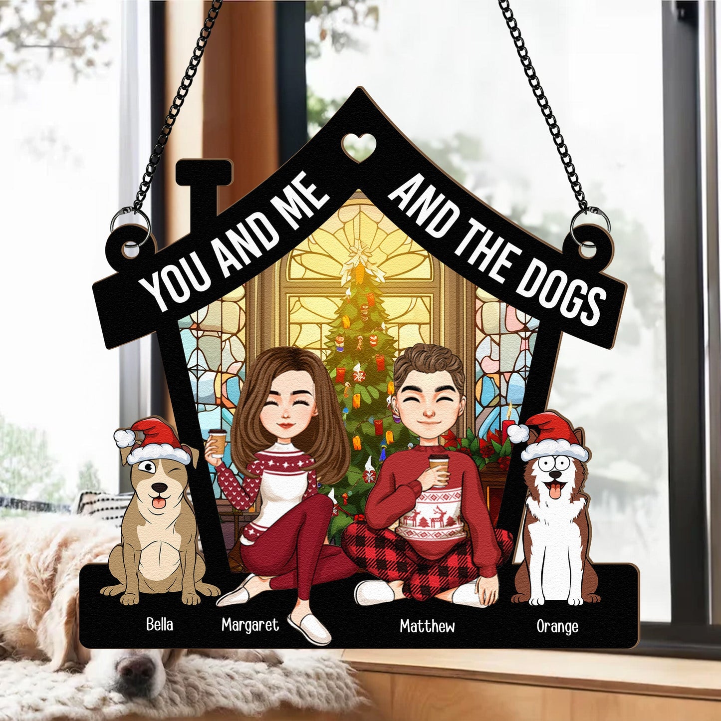 Custom "You and Me & The Dogs" Couple & Pet Christmas Suncatcher Ornament