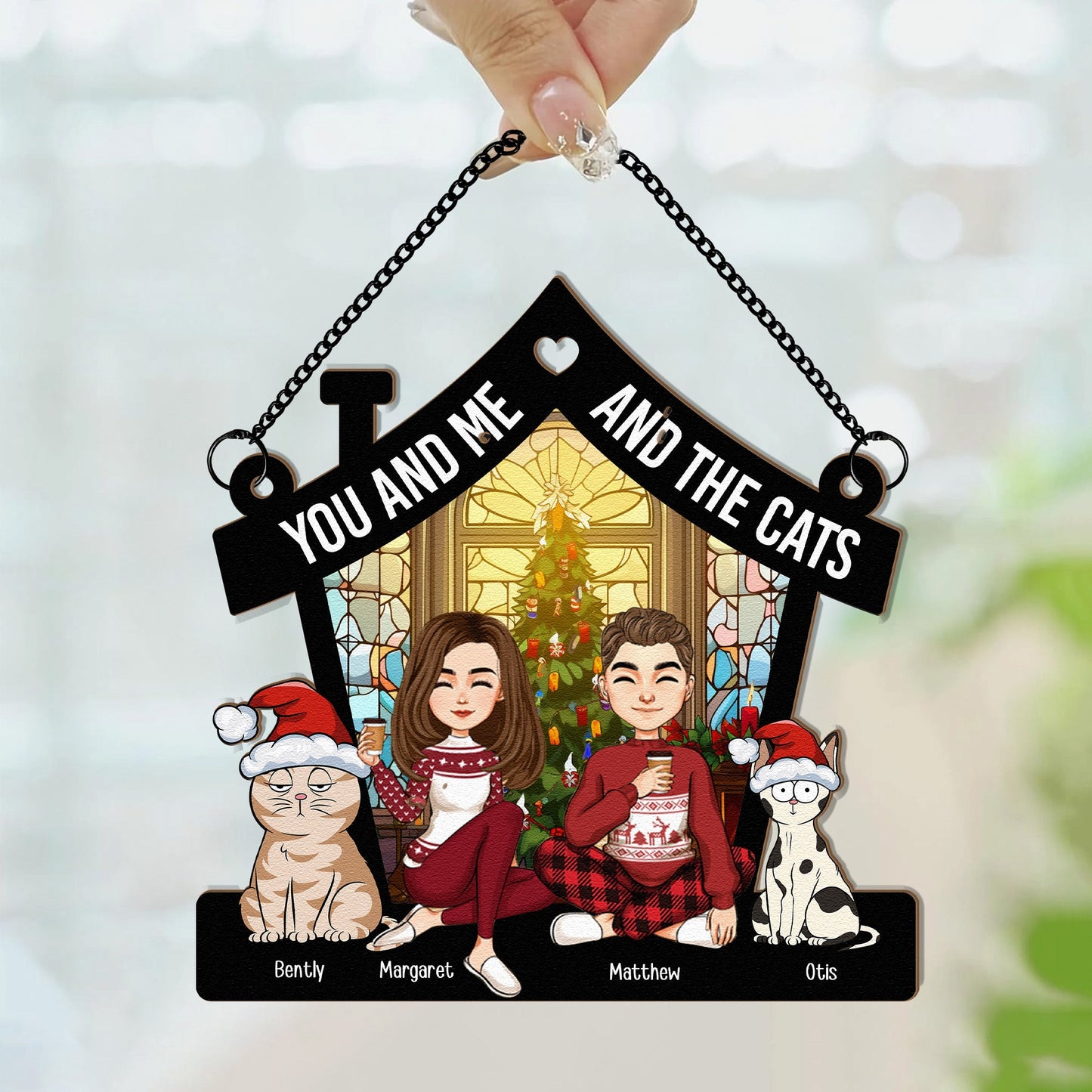 Custom "You and Me & The Dogs" Couple & Pet Christmas Suncatcher Ornament