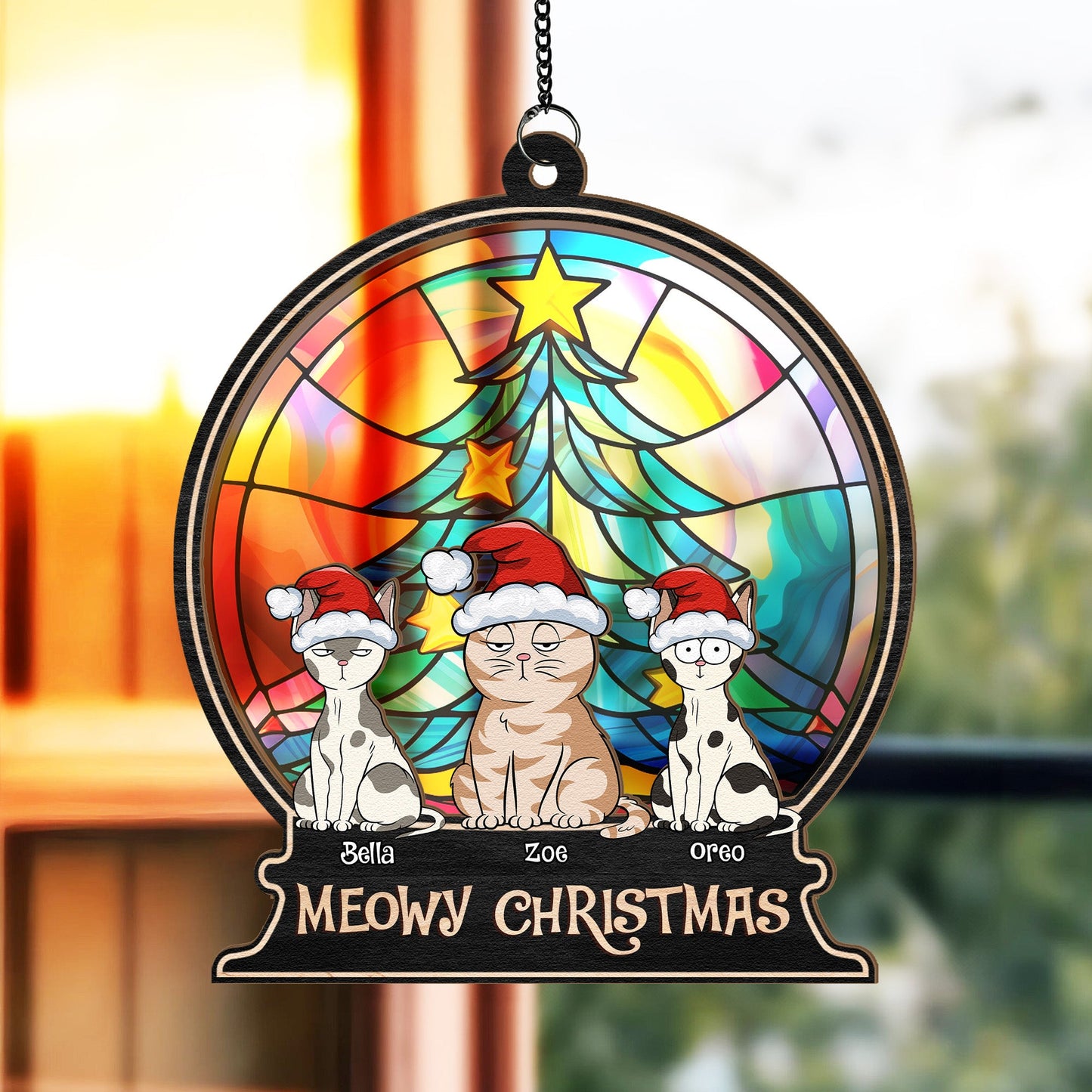 Personalized Cat Christmas Suncatcher - 'Meowy Christmas' Window Ornament