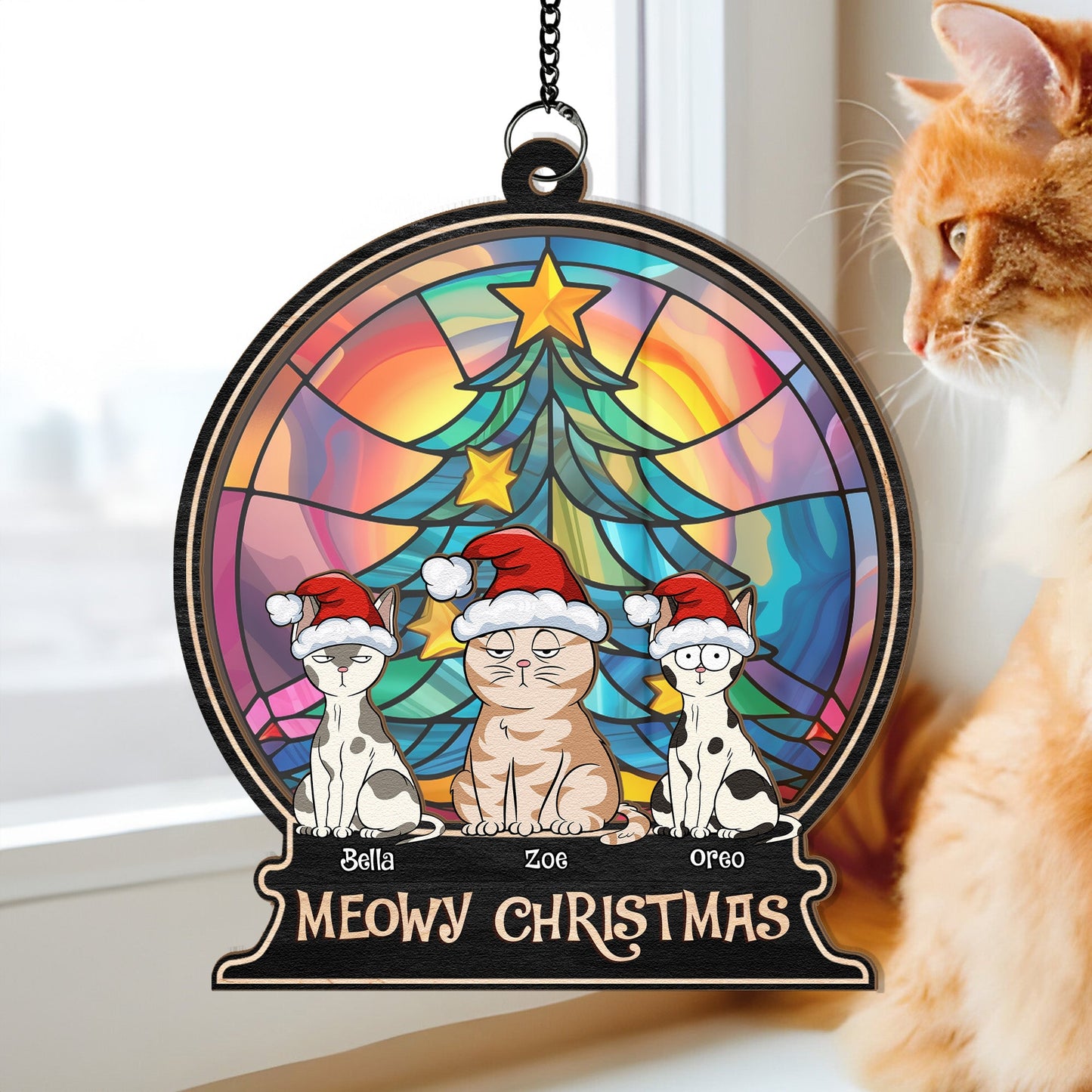 Personalized Cat Christmas Suncatcher - 'Meowy Christmas' Window Ornament