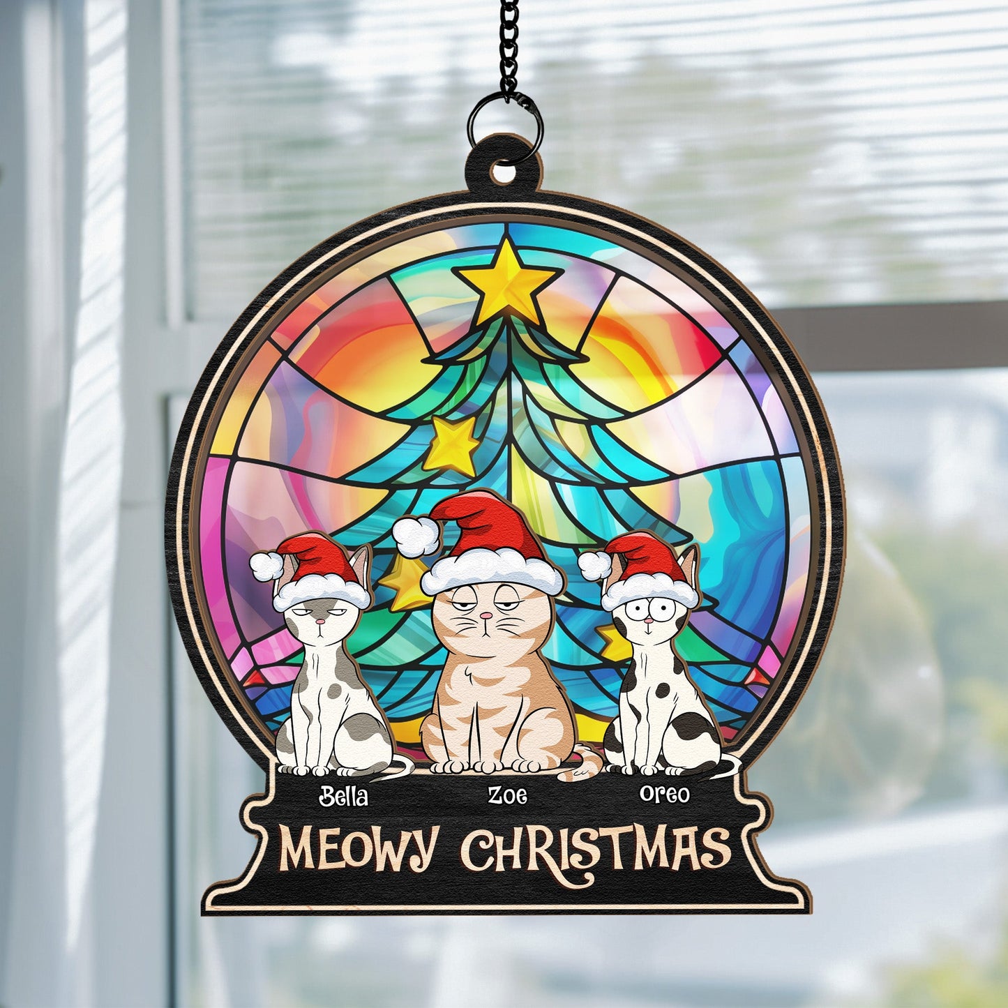 Personalized Cat Christmas Suncatcher - 'Meowy Christmas' Window Ornament