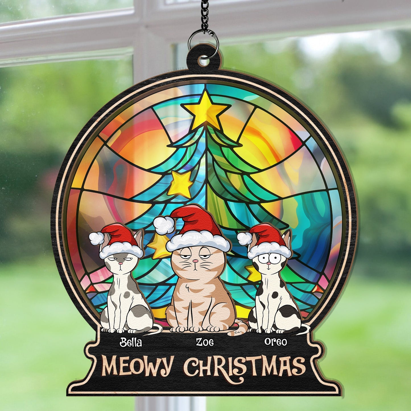 Personalized Cat Christmas Suncatcher - 'Meowy Christmas' Window Ornament