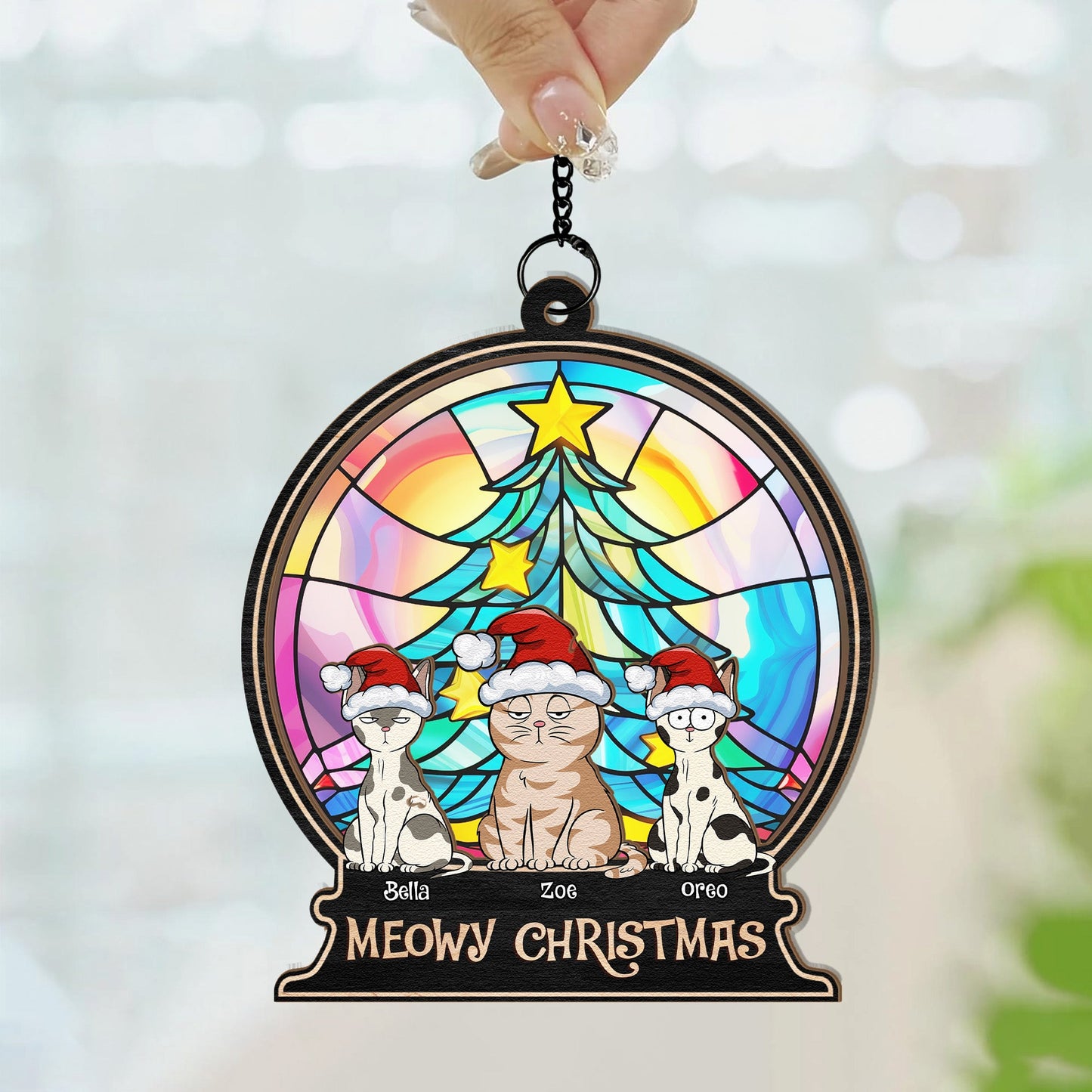Personalized Cat Christmas Suncatcher - 'Meowy Christmas' Window Ornament