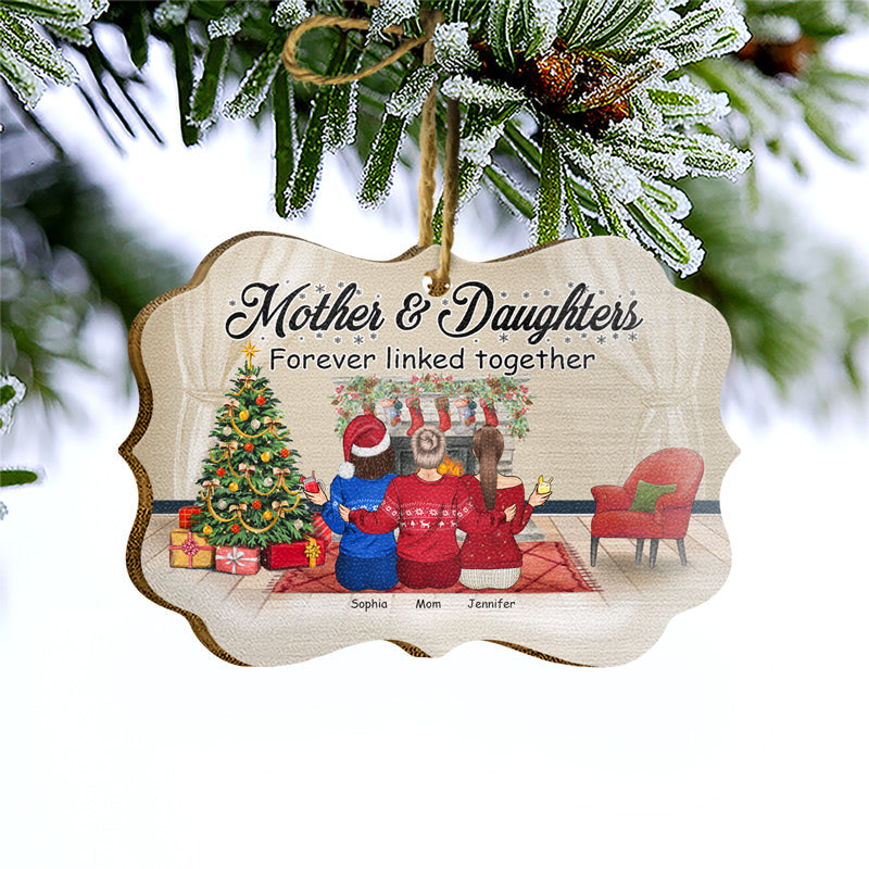 Personalized Mother & Daughters Christmas Wooden Ornament: 'Forever Linked Together'