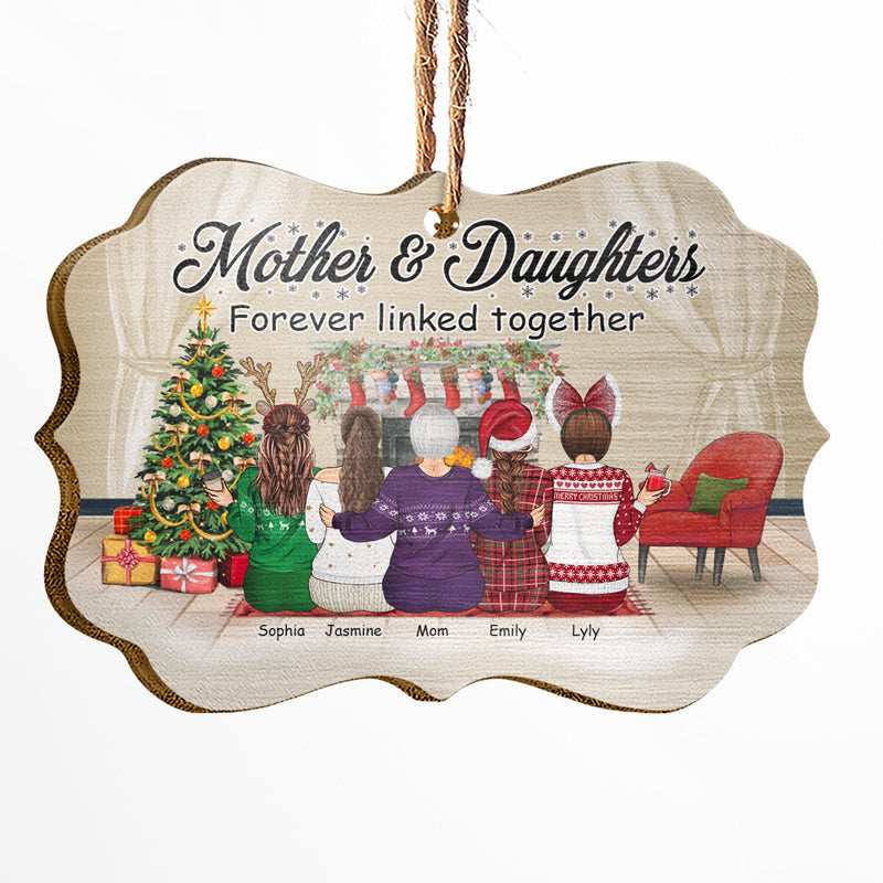 Personalized Mother & Daughters Christmas Wooden Ornament: 'Forever Linked Together'