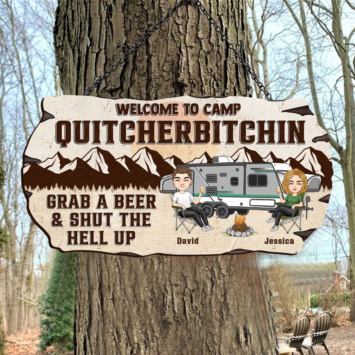 Personalized Funny Camping Wood Sign for Couples: 'Welcome to Camp Quitcherbitchin'