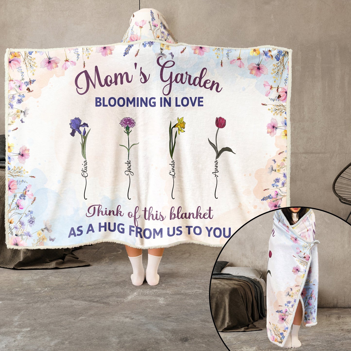 Mom’s Garden: Blooming in Love - Personalized Family Flower Wearable Hoodie Blanket