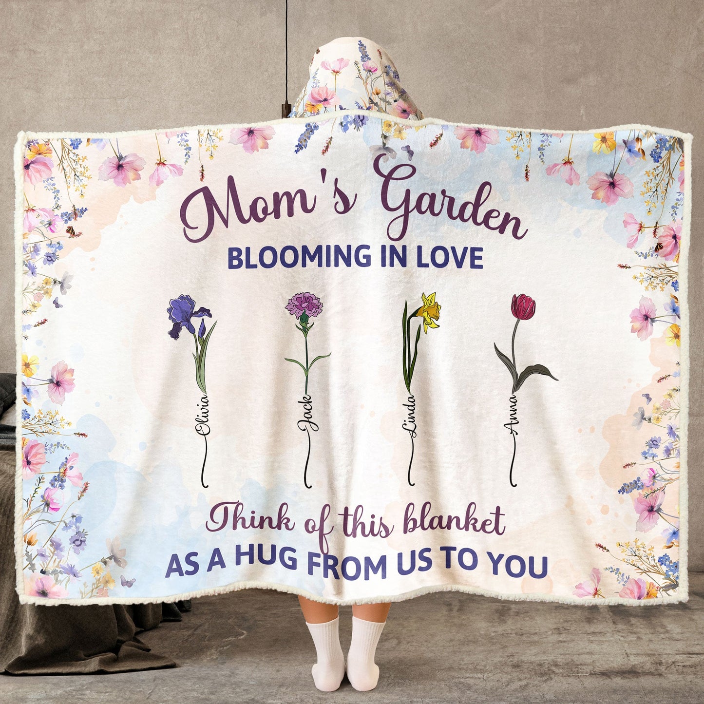 Mom’s Garden: Blooming in Love - Personalized Family Flower Wearable Hoodie Blanket