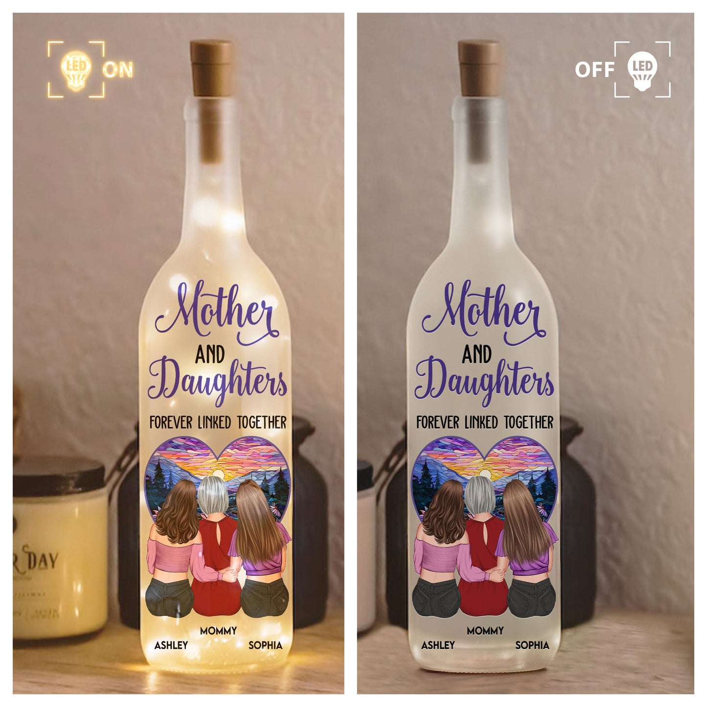 Custom Mother Daughter Bottle Light: 'Forever Linked Together' Keepsake