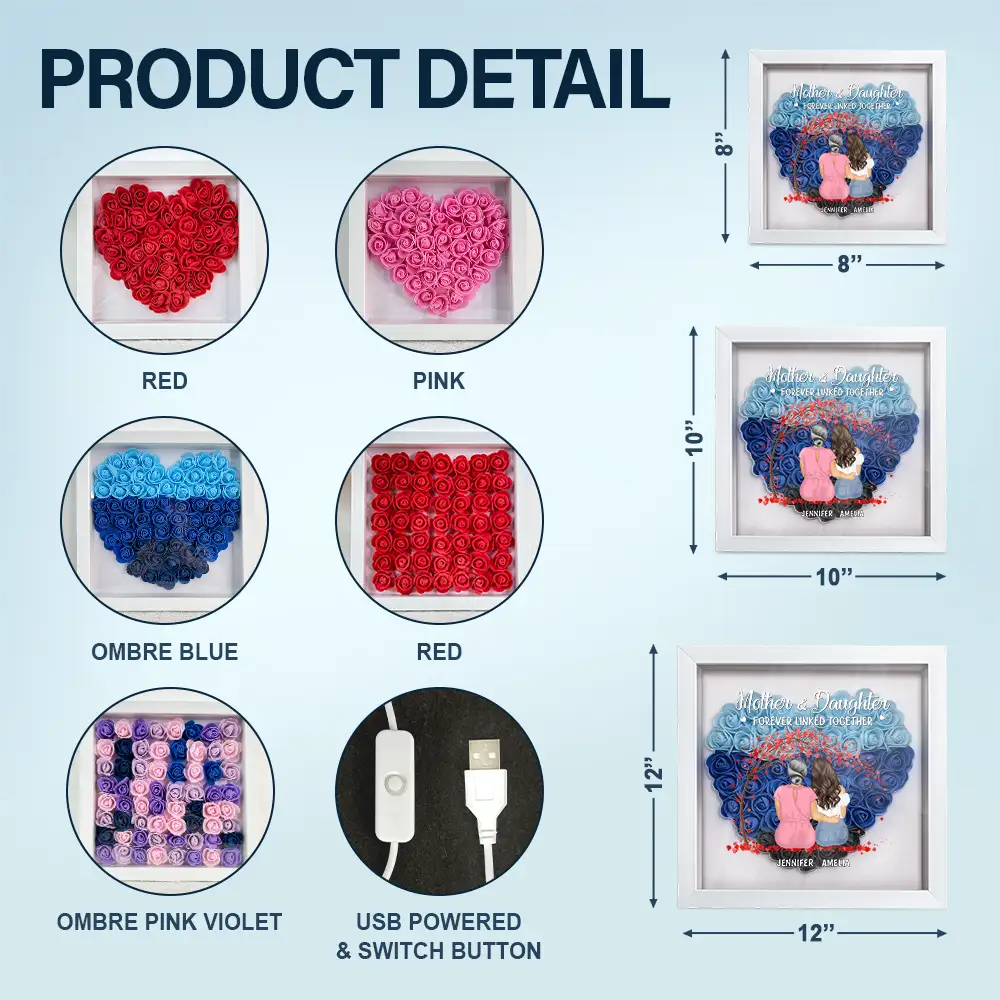 Gift For Mother,Mom - Daughters (Adult),Happy - Mother Daughter Forever Linked Together - Personalized LED Light Flower Shadow Box