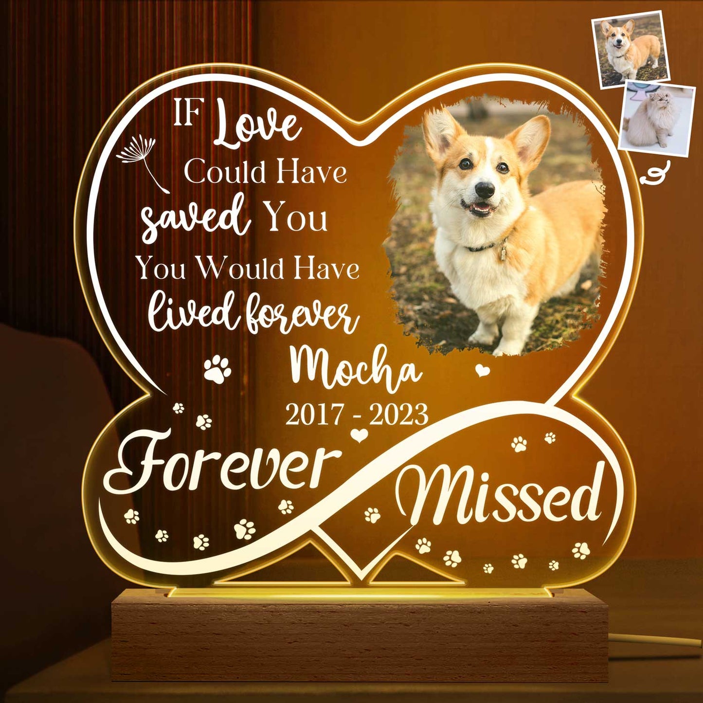 Custom “Forever Missed” Pet Photo Memorial - Personalized 3D Led Light Wooden Base