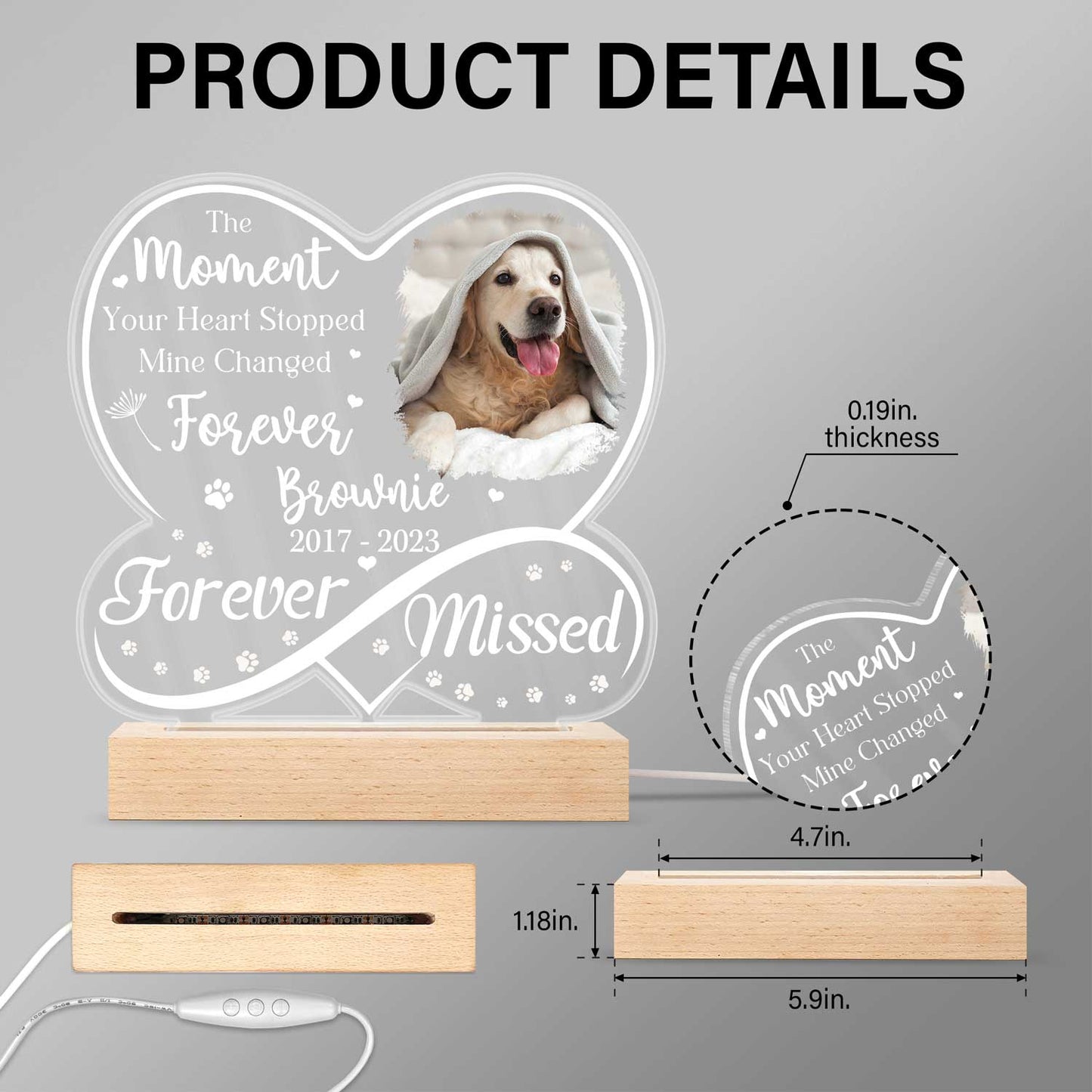 Custom “Forever Missed” Pet Photo Memorial - Personalized 3D Led Light Wooden Base