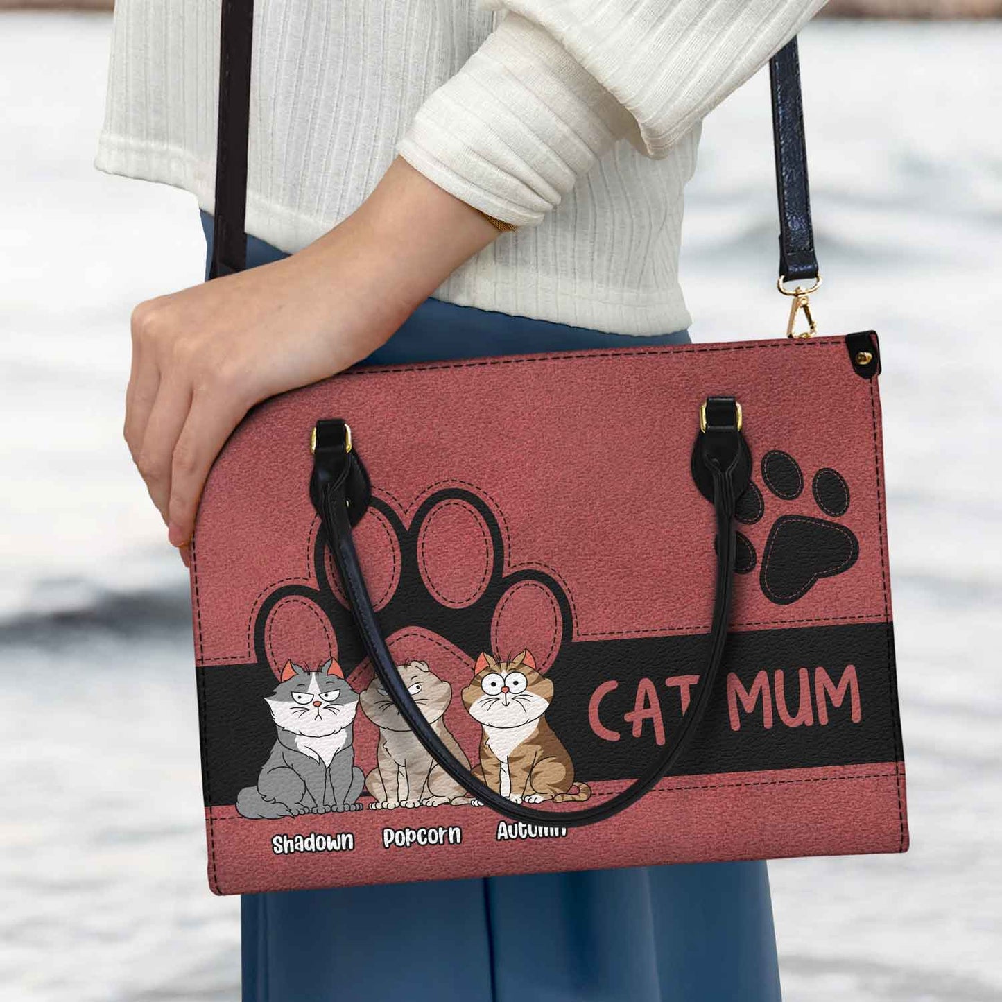 Personalized 'CAT MOM' Leather Tote Bag - Unique Custom Gift for Cat Lovers