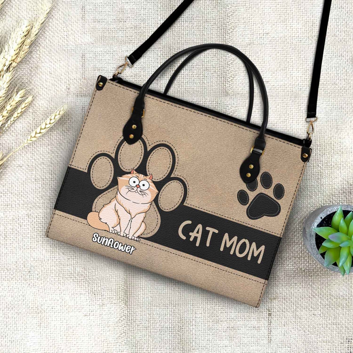 Personalized 'CAT MOM' Leather Tote Bag - Unique Custom Gift for Cat Lovers