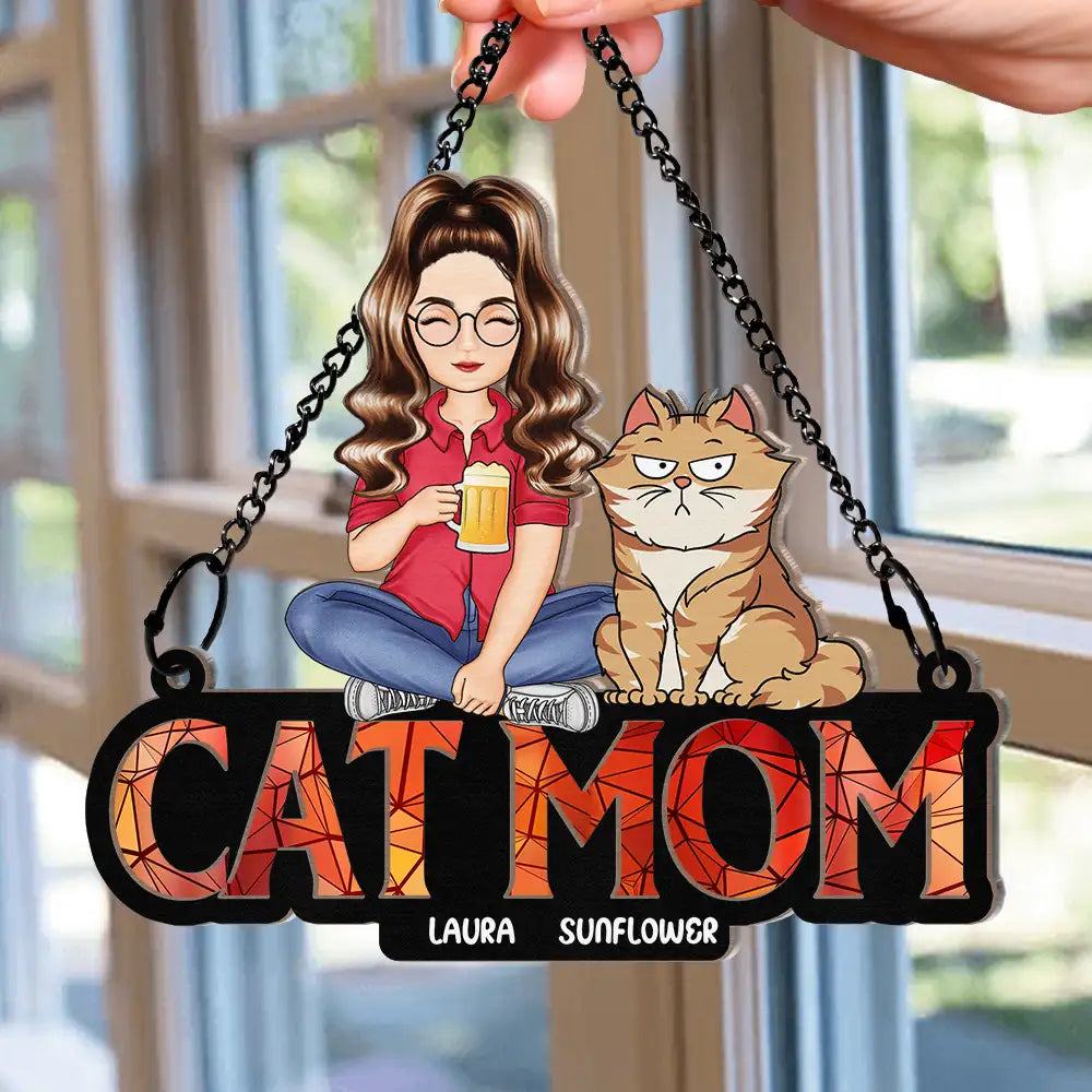 Personalized 'CAT MOM' Suncatcher Ornament with Custom Pet Names & Colors