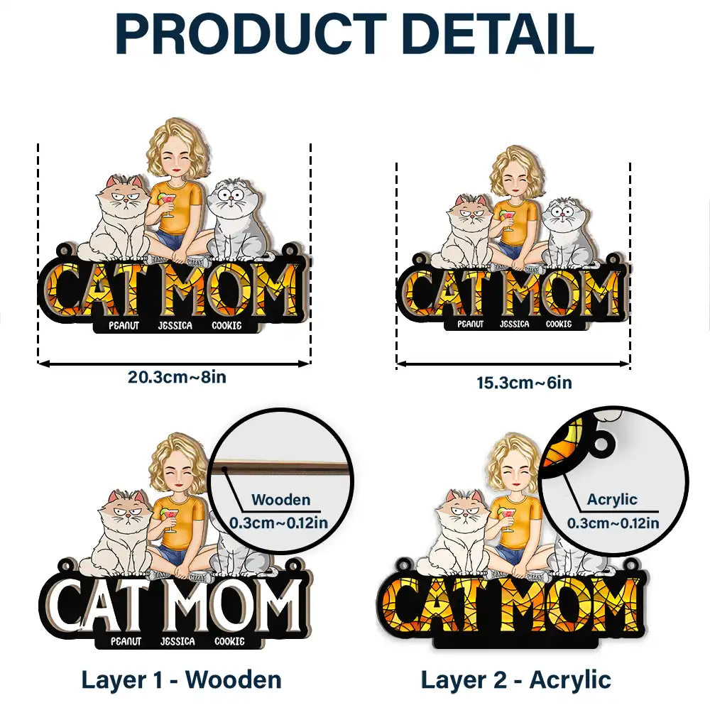 Personalized 'CAT MOM' Suncatcher Ornament with Custom Pet Names & Colors