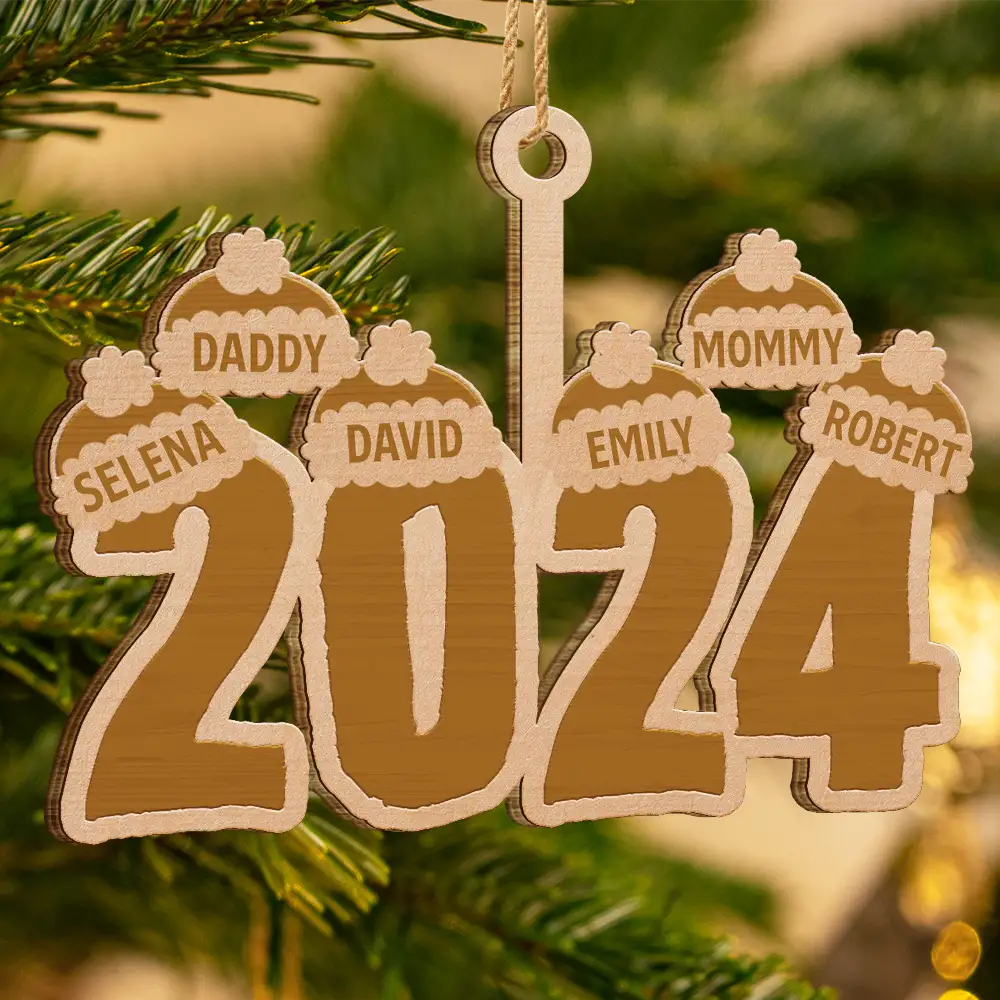 Personalized 2024 Family Santa Hat Wooden Christmas Keepsake Ornament