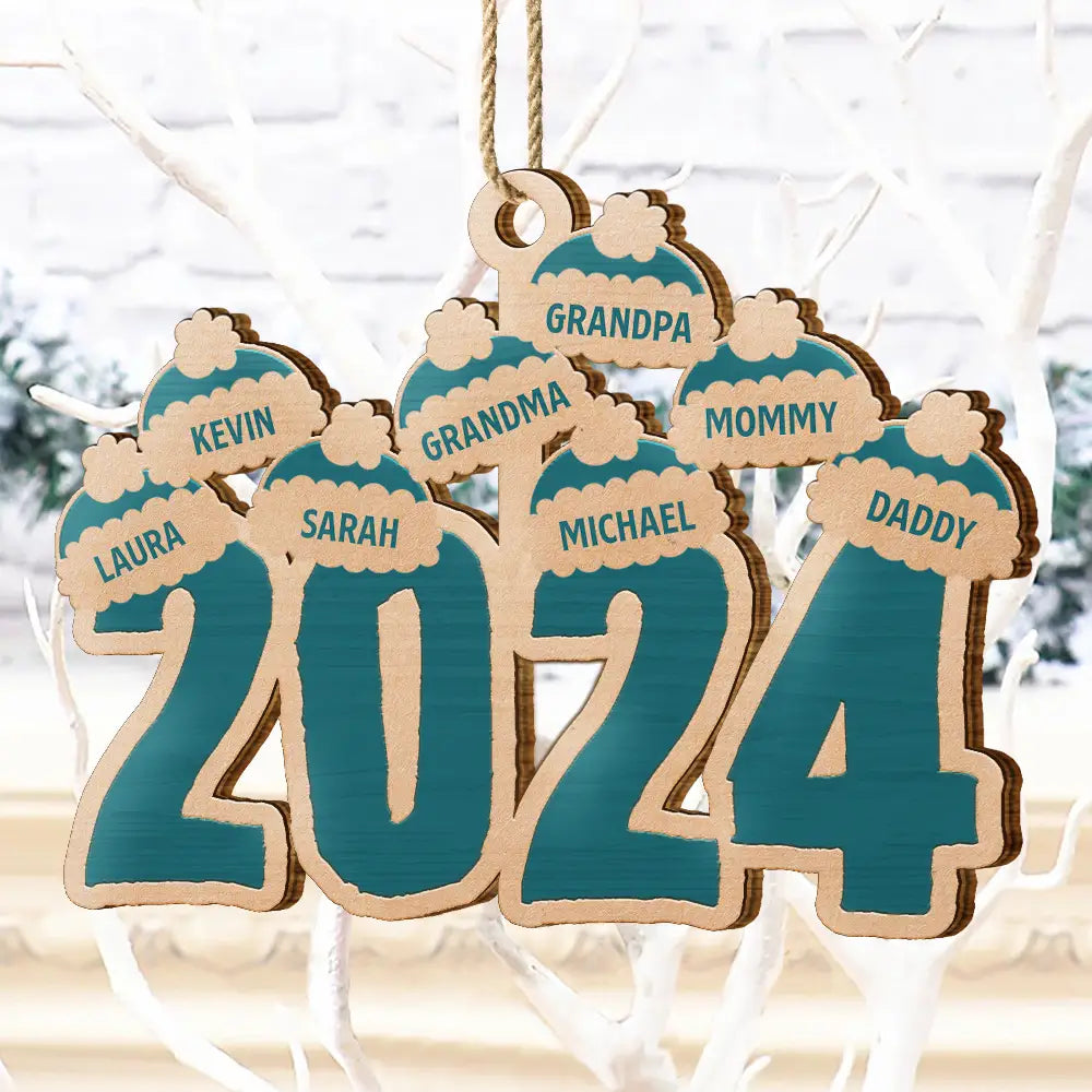 Personalized 2024 Family Santa Hat Wooden Christmas Keepsake Ornament