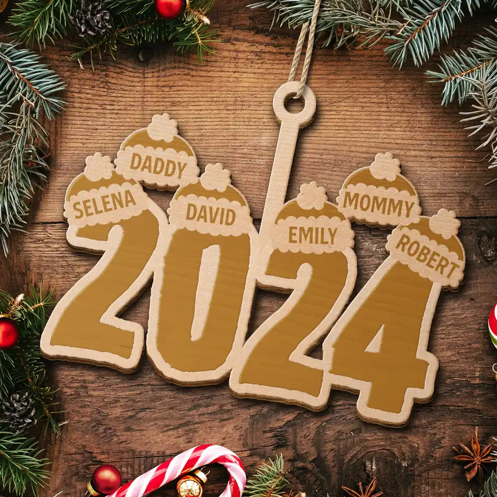 Personalized 2024 Family Santa Hat Wooden Christmas Keepsake Ornament