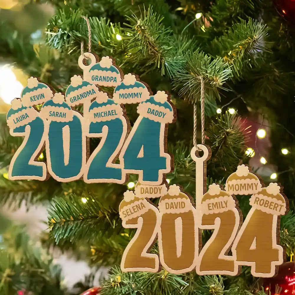 Personalized 2024 Family Santa Hat Wooden Christmas Keepsake Ornament