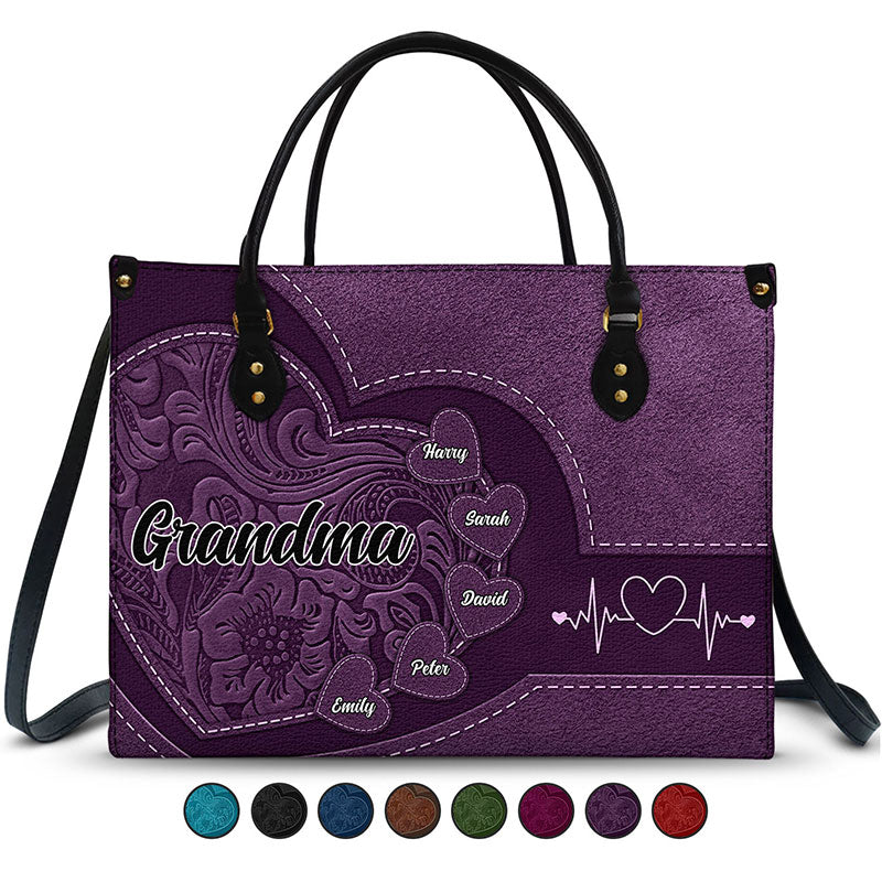 Personalized Leather Tote for Grandma | Grandkids' Names Heart Bag