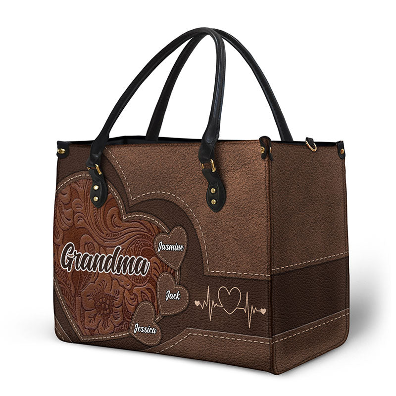 Personalized Leather Tote for Grandma | Grandkids' Names Heart Bag