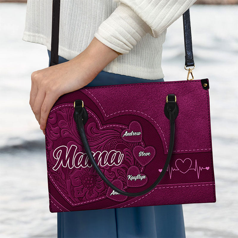 Personalized Leather Tote for Grandma | Grandkids' Names Heart Bag