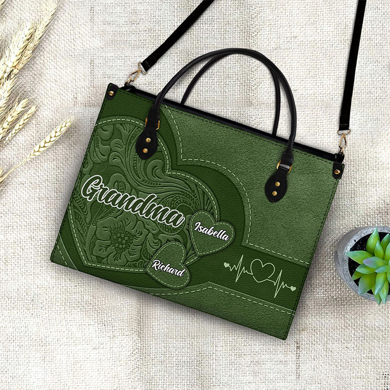 Personalized Leather Tote for Grandma | Grandkids' Names Heart Bag