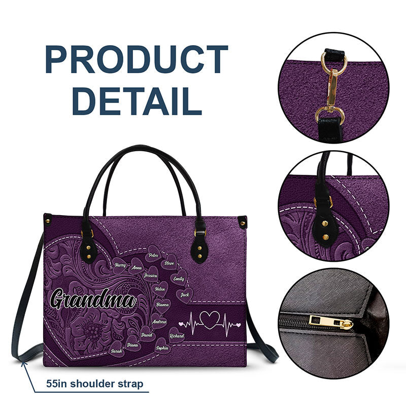 Personalized Leather Tote for Grandma | Grandkids' Names Heart Bag
