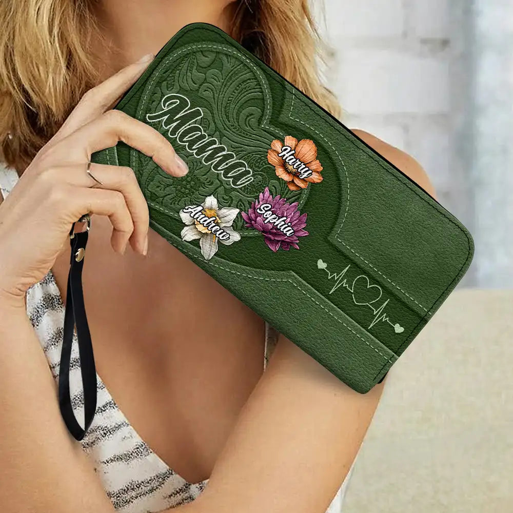 Gift For Grandma,Gift For Mother,Gift For Women,Happy - Grandma Mom Kids Birth Flowers Blooming In Love - Personalized Leather Long Wallet