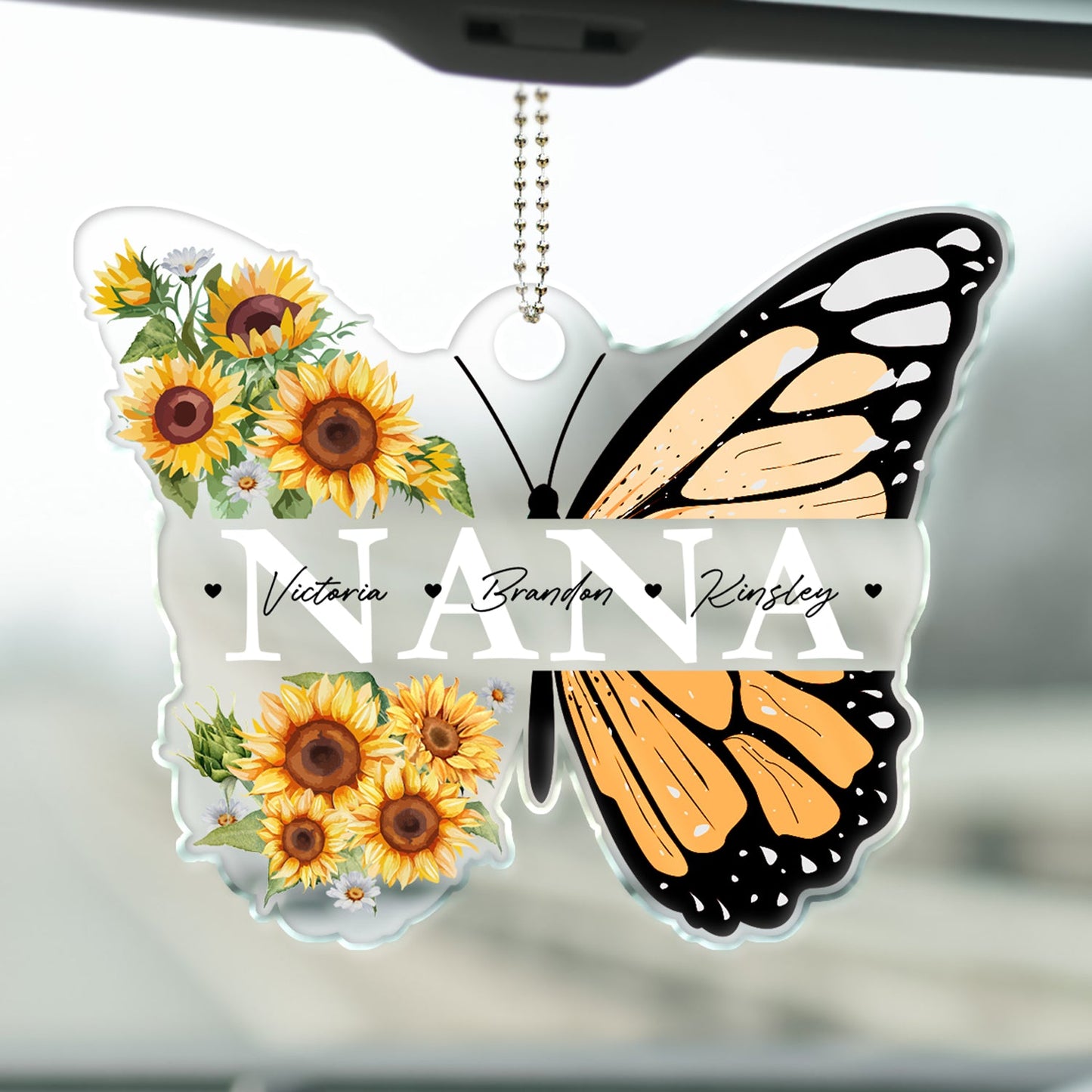 Personalized Nana Butterfly Car Hanger with Grandkids Names & Sunflowers