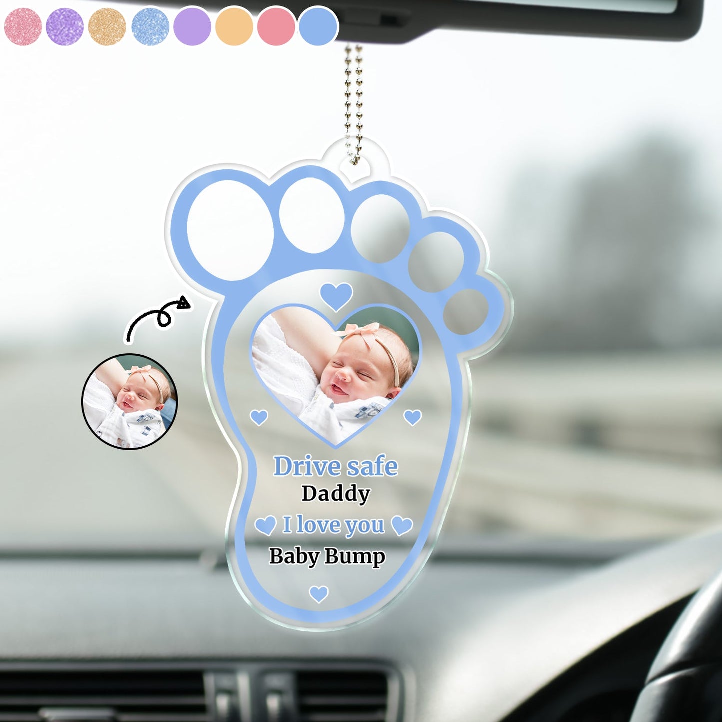 Personalized Photo Car Hanger: 'Drive Safe, I Love You, Baby Bump'