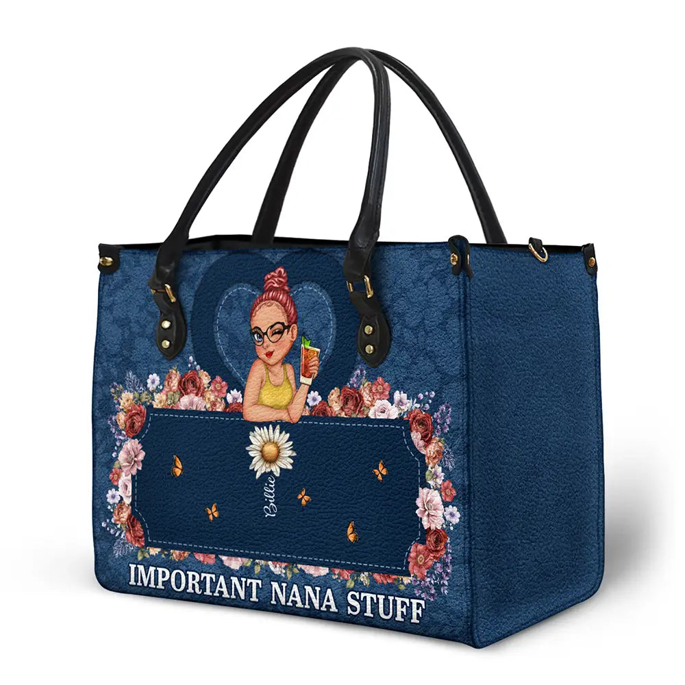 Gift For Grandma, Gift For Mother - Important Nana Mom Stuff - Personalized Leather Bag